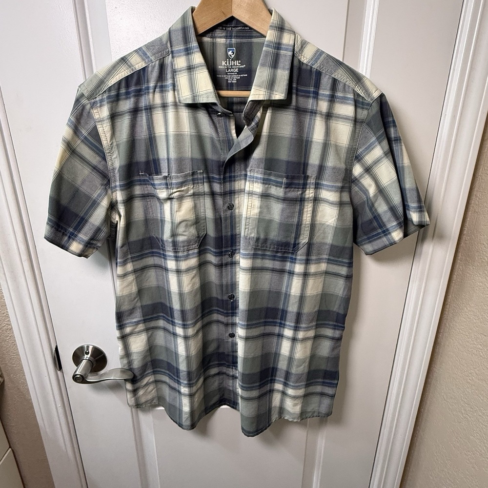 Kuhl Shirt Mens Large Green Blue Plaid Short Sleeve Tapered Fit Hiking